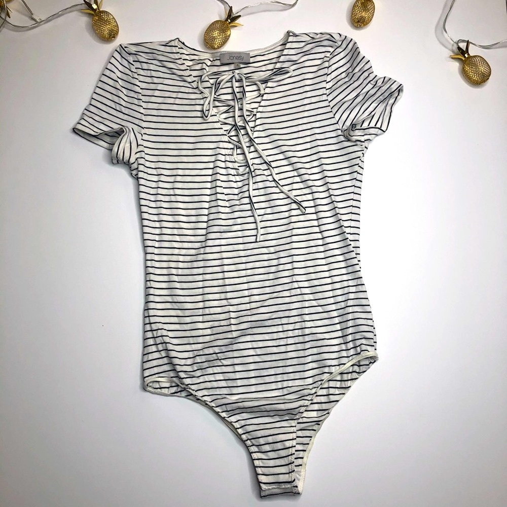 Jonesy White/Balck Striped Lace-up Bodysuit Sz S Fishermancore Nautical